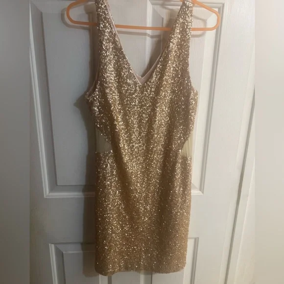 Marinblu | Dresses | Gold Sequin Tank Mini Dress W Mesh Contour Panels  Womens Size L By Marinblu | Poshmark